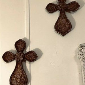 (2) Amber Cracked Glass Wooden/resin Wall Cross  12”x 8 Jesus